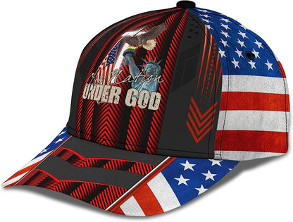 One Nation Under God Eagle On Liberty Statue Usa Flag And Cross All Over Print Baseball Cap - Christian Hats For Men Women