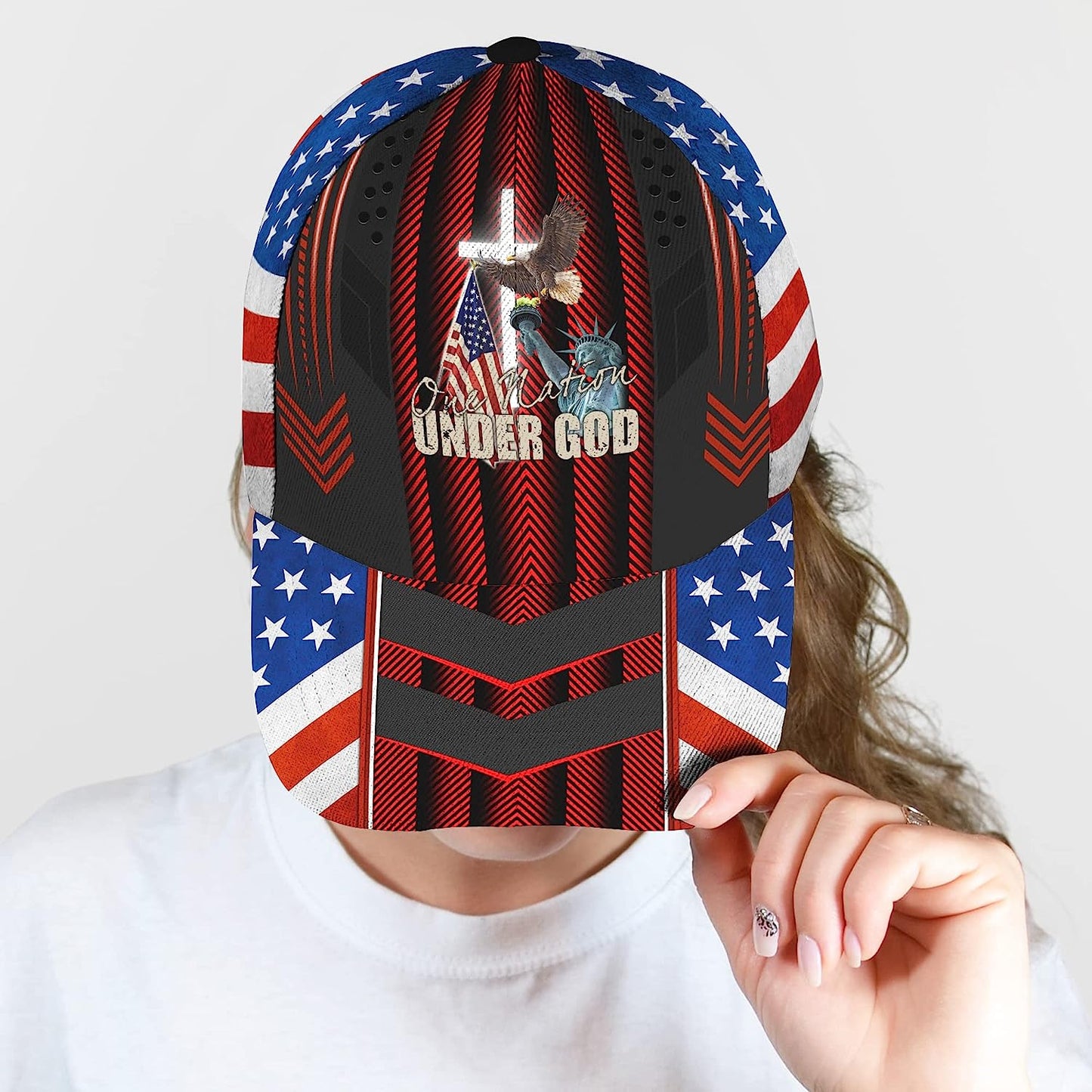 One Nation Under God Eagle On Liberty Statue Usa Flag And Cross All Over Print Baseball Cap - Christian Hats For Men Women