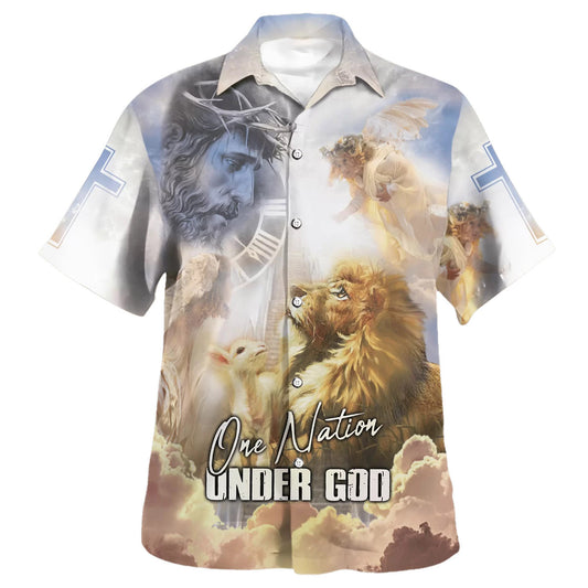 One Nation Under God Hawaiian Shirt - Jesus Christ Lion And Lamb Hawaiian Shirts For Men - Christian Hawaiian Shirt