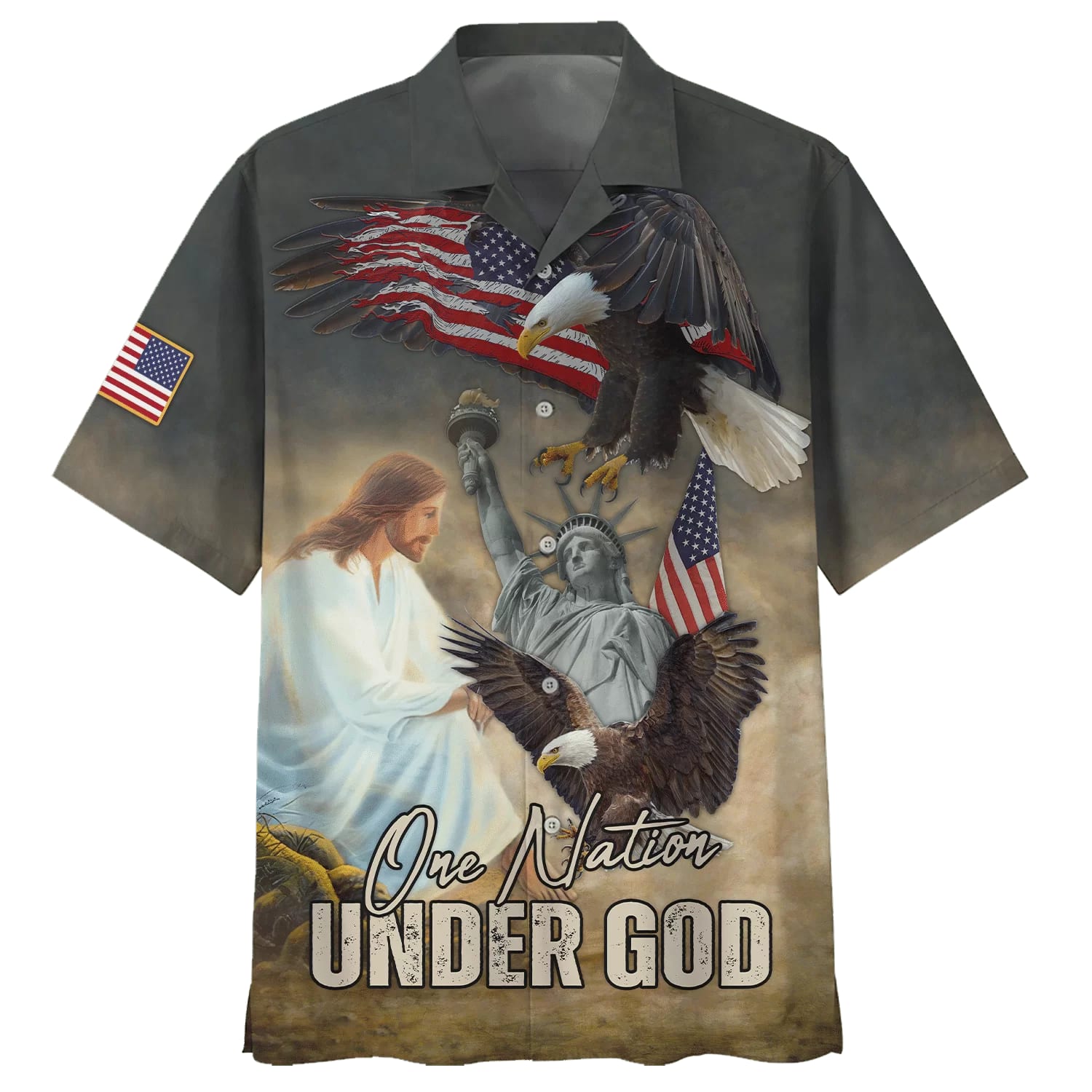 One Nation Under God Hawaiian Shirt - Jesus Eagle Flag Statue Of Liberty Hawaiian Shirts - Christian Hawaiian Shirt