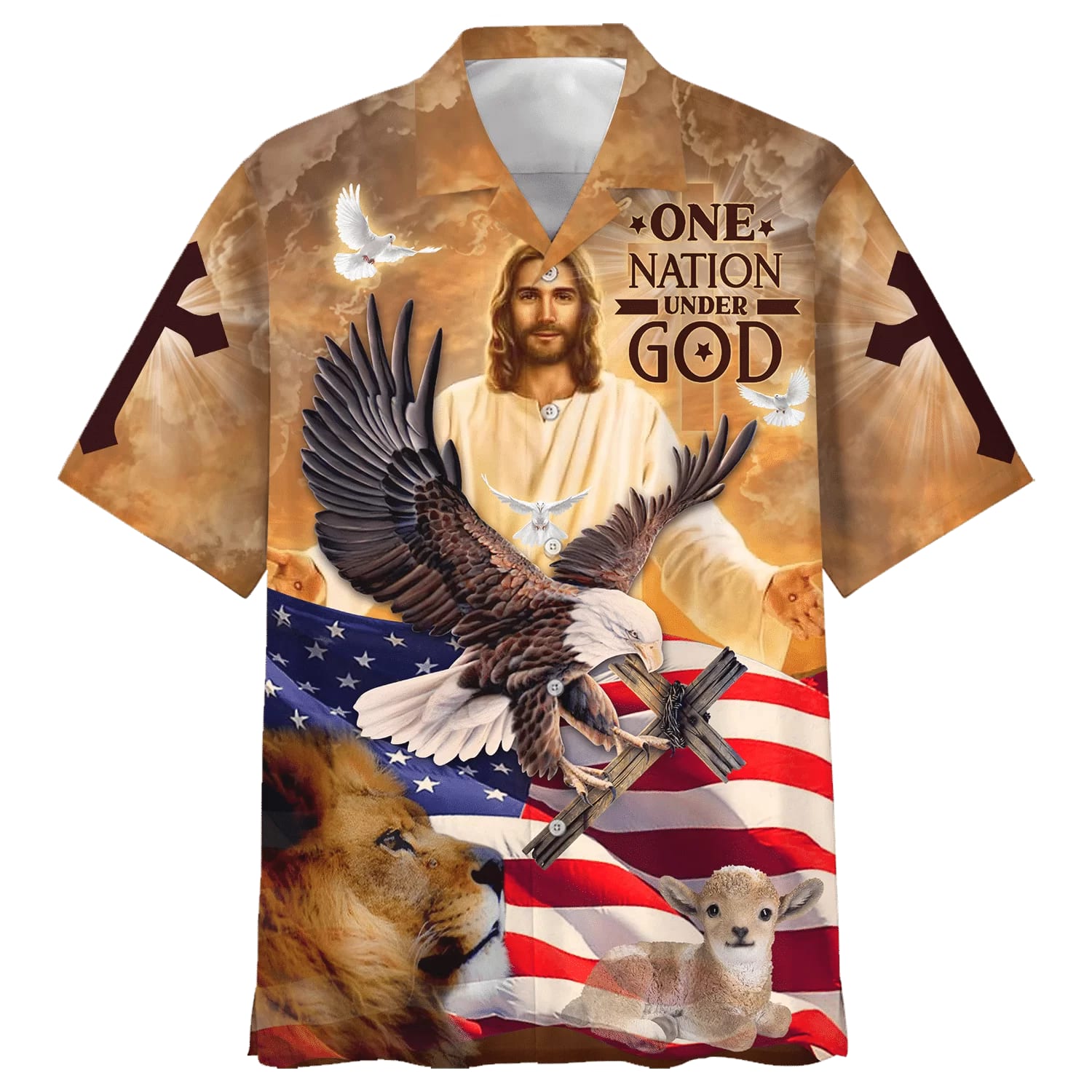 One Nation Under God Jesus And Lion Eagle American Hawaiian Shirt - Best Hawaiian Shirts - Christian Hawaiian Shirt