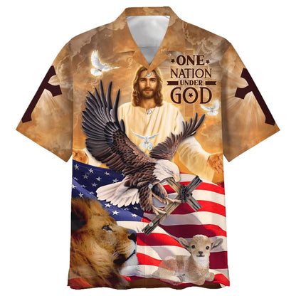 One Nation Under God Jesus And Lion Eagle American Hawaiian Shirt - Best Hawaiian Shirts - Christian Hawaiian Shirt