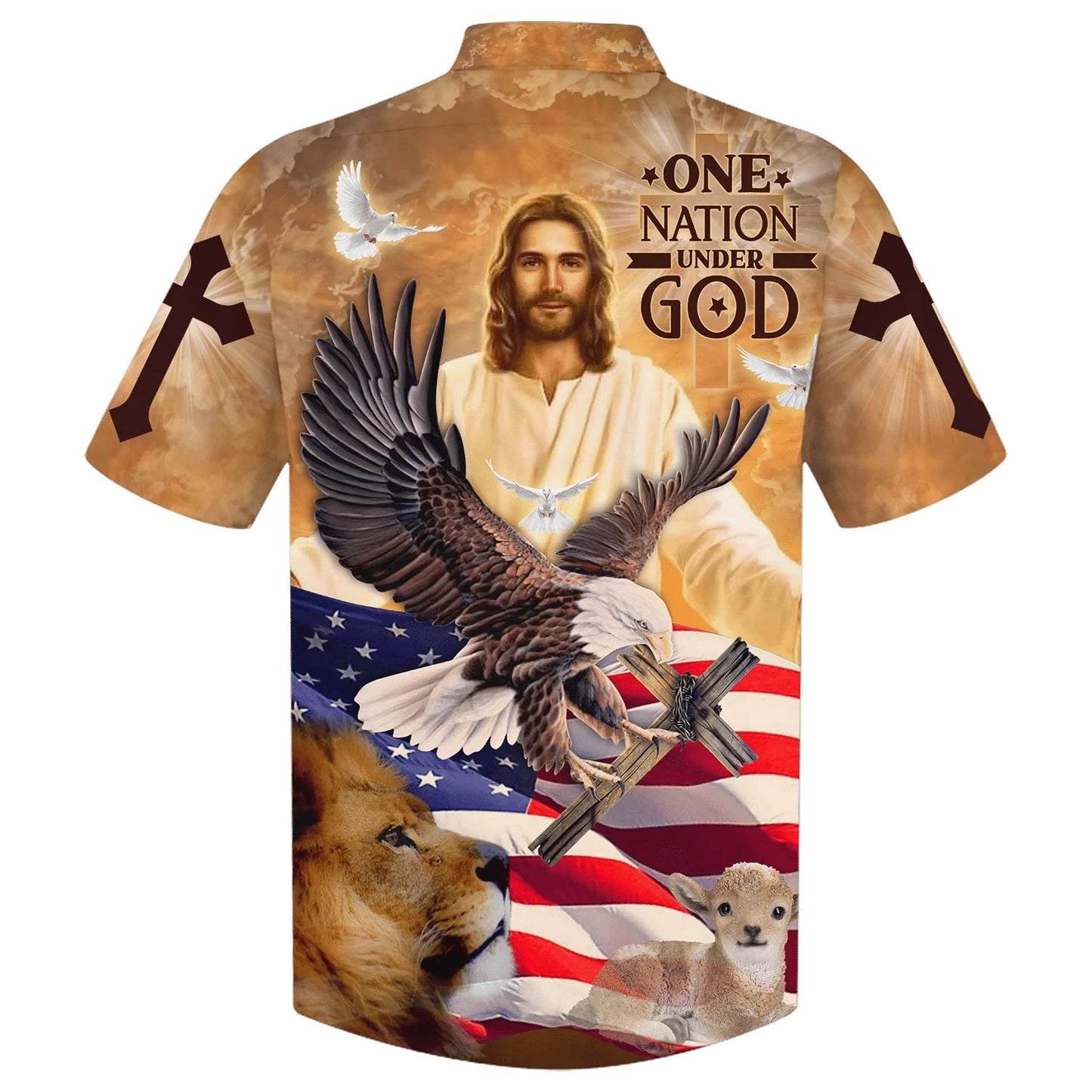 One Nation Under God Jesus And Lion Eagle American Hawaiian Shirt - Best Hawaiian Shirts - Christian Hawaiian Shirt