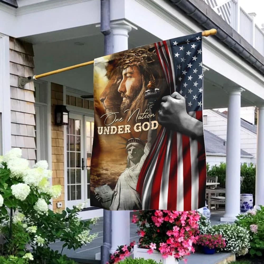 One Nation Under God Jesus Lion American House Flags - Christian Garden Flags - Outdoor Christian Flag