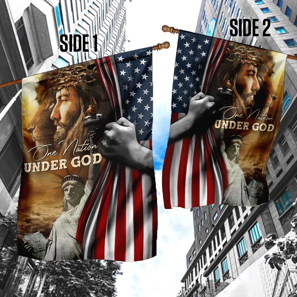 One Nation Under God Jesus Lion American House Flags - Christian Garden Flags - Outdoor Christian Flag