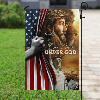 One Nation Under God Jesus Lion American House Flags - Christian Garden Flags - Outdoor Christian Flag