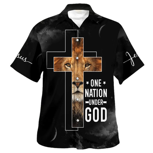 One Nation Under God Lion Cross Hawaiian Shirts For Men - Christian Hawaiian Shirt - Hawaiian Summer Shirts