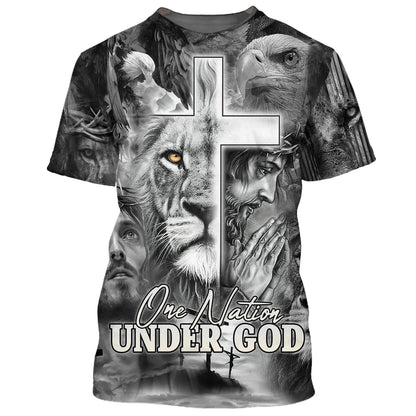 One Nation Under God Shirts - Jesus Prayer Lion And Eagle 3D All Over Printed Shirt for Men and Women
