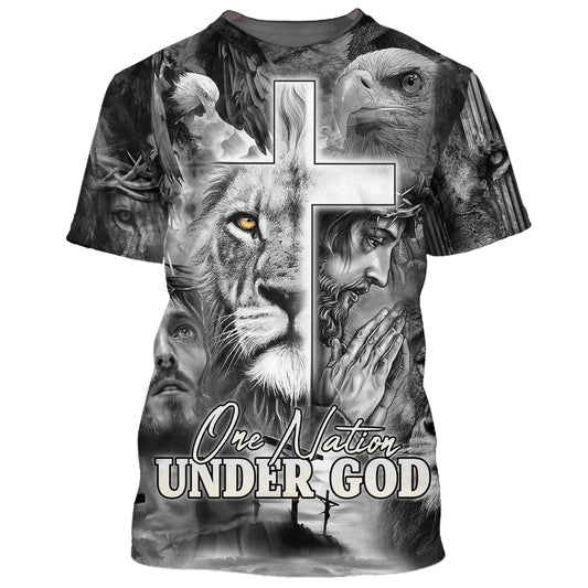 One Nation Under God Shirts - Jesus Prayer Lion And Eagle 3D All Over Printed Shirt for Men and Women