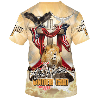One Nation Under God Shirts - Lion Wooden Cross And The Lamb 3d Shirts - Christian T Shirts For Men And Women