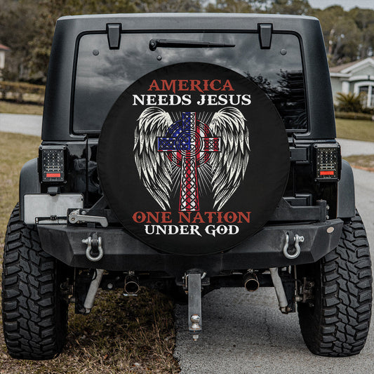 One Nation Under God Spare Tire Cover - Jesus Cross Wings Tire Wheel Protector - Christian Car Accessories