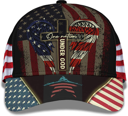 One Nation Under God Usa Flag Angel Wings Christian Cross All Over Print Baseball Cap - Christian Hats For Men Women