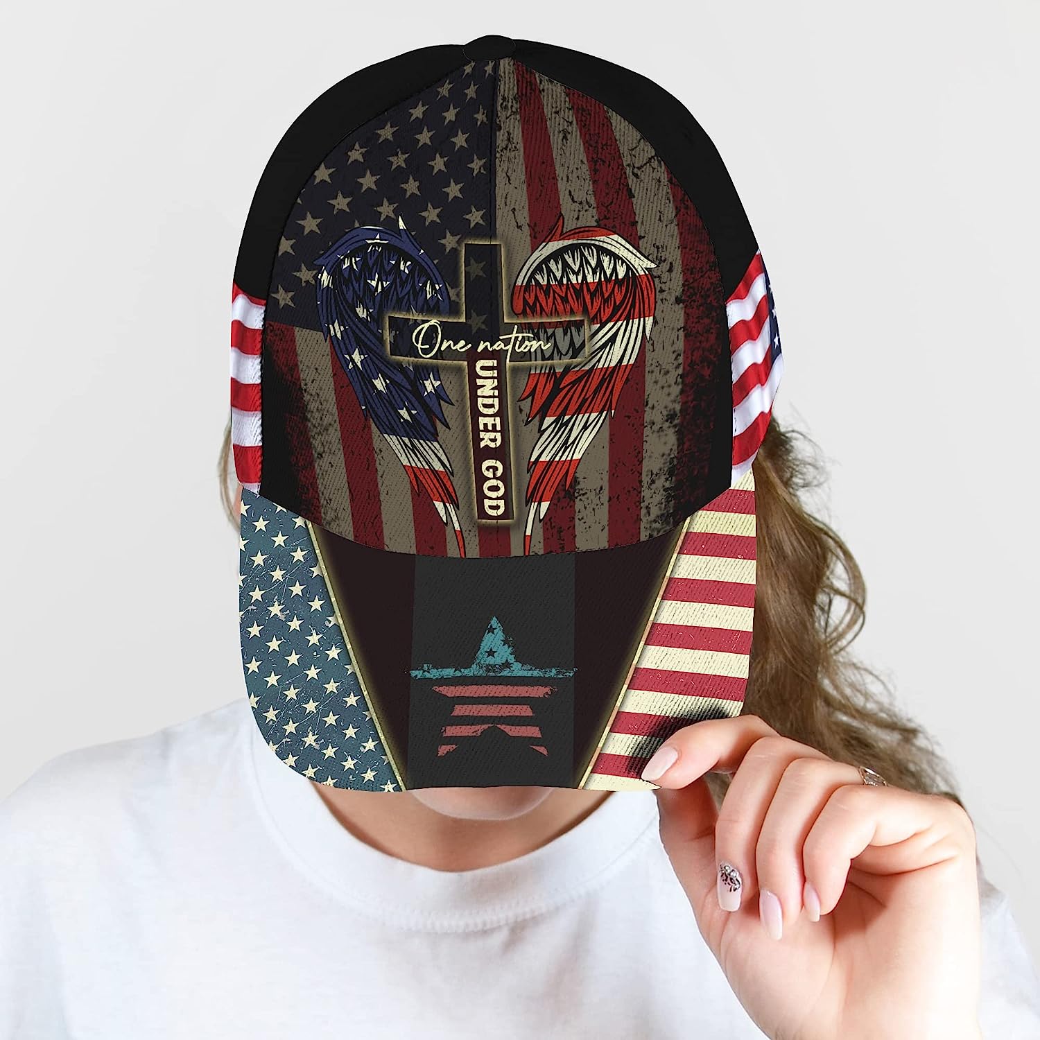 One Nation Under God Usa Flag Angel Wings Christian Cross All Over Print Baseball Cap - Christian Hats For Men Women