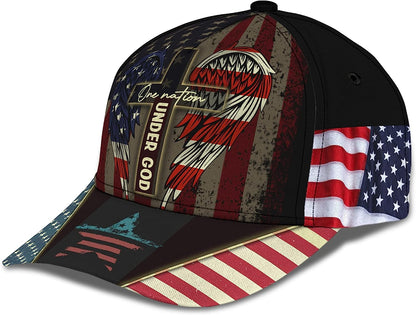 One Nation Under God Usa Flag Angel Wings Christian Cross All Over Print Baseball Cap - Christian Hats For Men Women