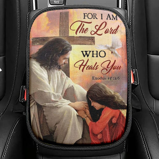 Orange Sunset, Cross, Jesus Painting, For I Am The Lord Car Center Console Cover, Christian Armrest Seat Cover, Bible Seat Box Cover