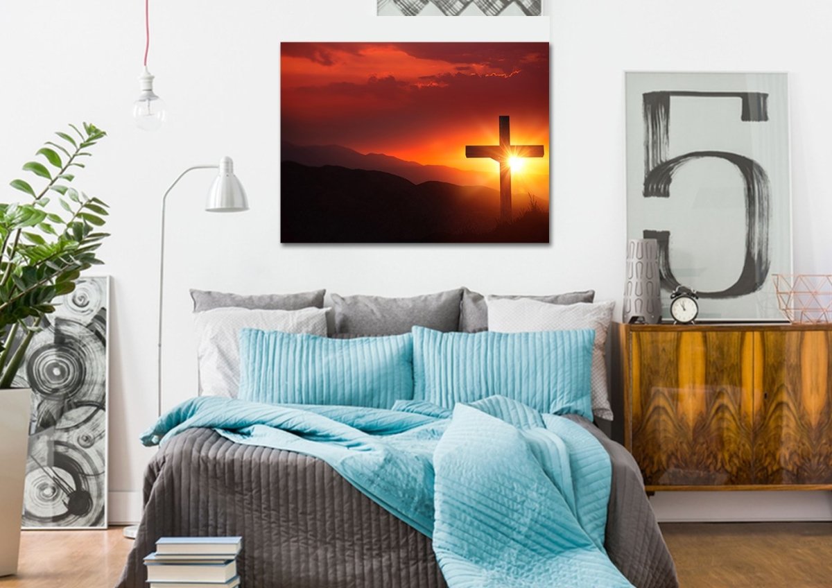 Orange Sunset On Cross Canvas - Christian Canvas Wall Art