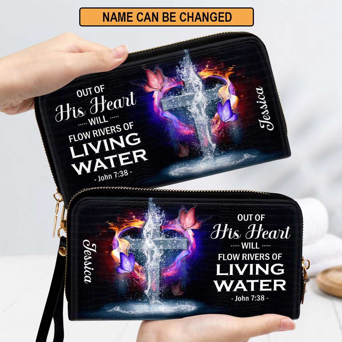 Out Of His Heart Will Flow Rivers Of Living Water Clutch Purse For Women - Personalized Name - Christian Gifts For Women