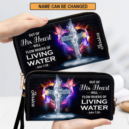 Out Of His Heart Will Flow Rivers Of Living Water Clutch Purse For Women - Personalized Name - Christian Gifts For Women