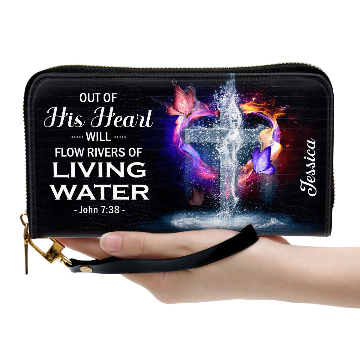 Out Of His Heart Will Flow Rivers Of Living Water Clutch Purse For Women - Personalized Name - Christian Gifts For Women