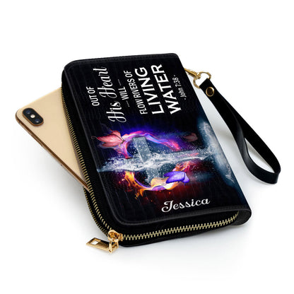 Out Of His Heart Will Flow Rivers Of Living Water Clutch Purse For Women - Personalized Name - Christian Gifts For Women