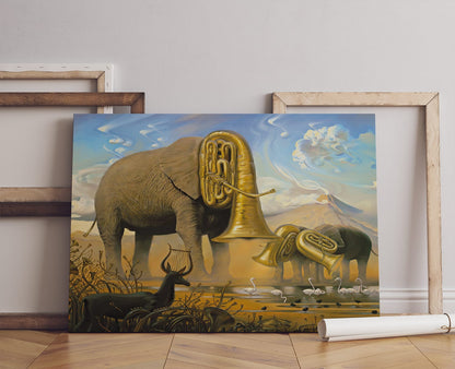 Painting Elephant And Tuba Musical Instrument Canvas Wall Art