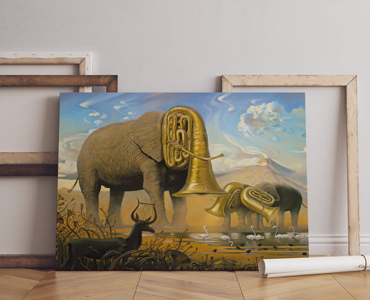 Painting Elephant And Tuba Musical Instrument Canvas Wall Art