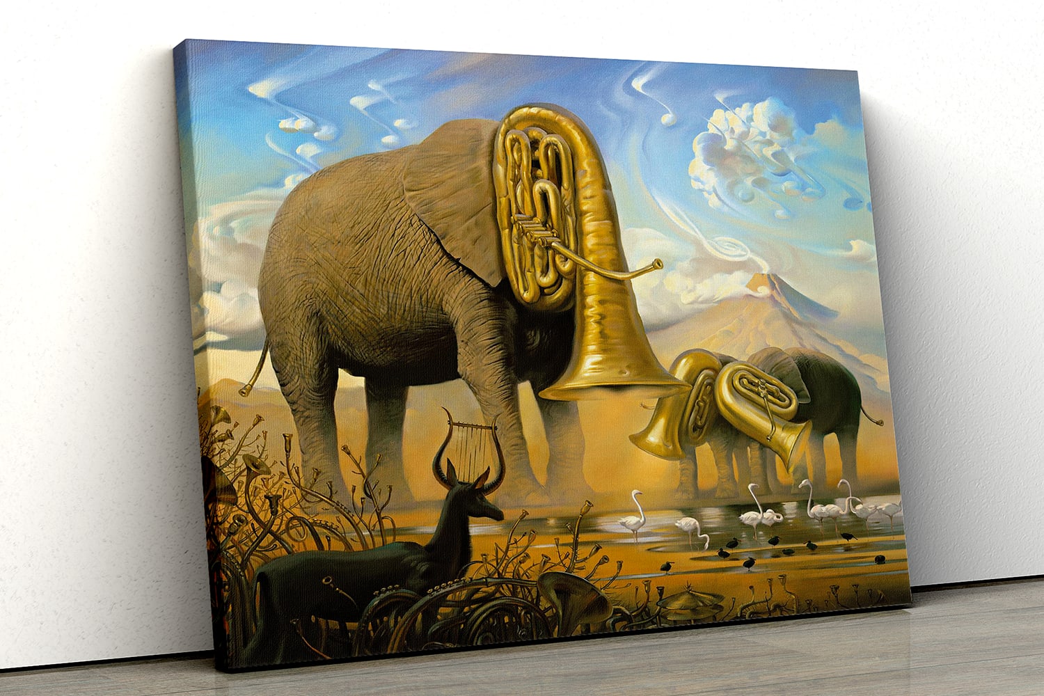 Painting Elephant And Tuba Musical Instrument Canvas Wall Art