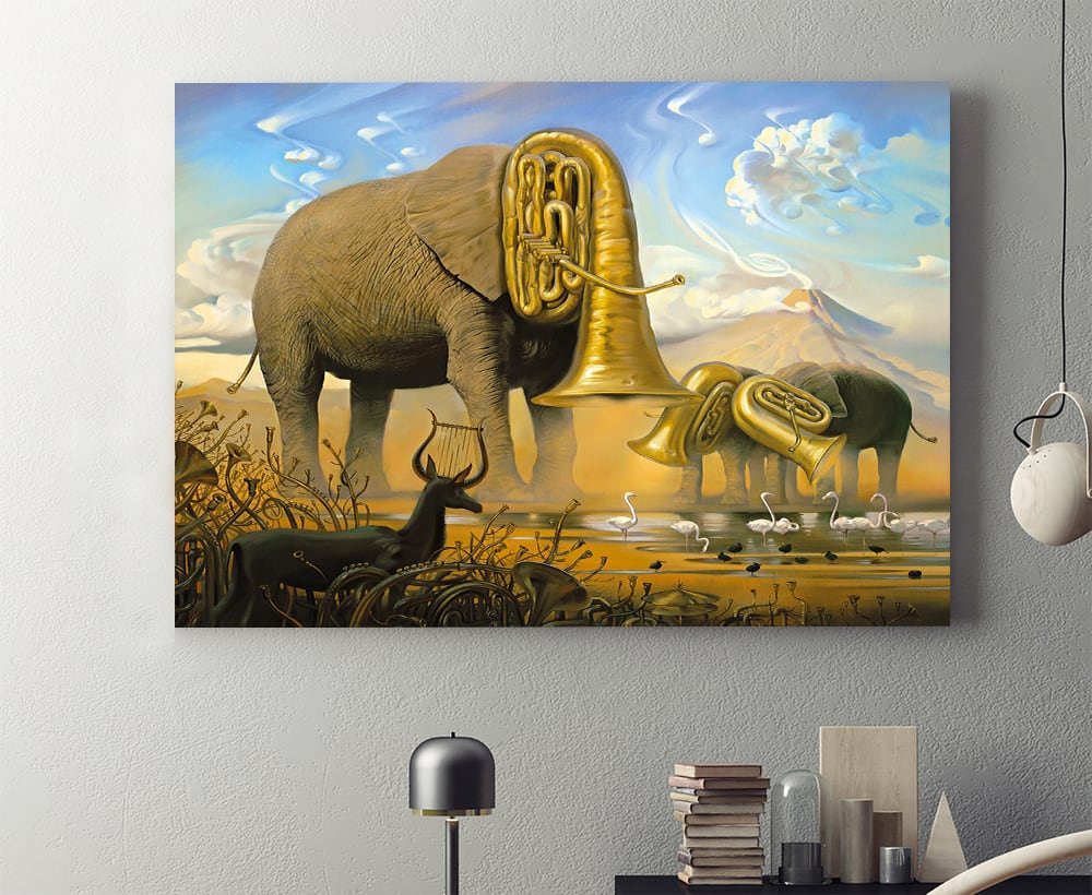Painting Elephant And Tuba Musical Instrument Canvas Wall Art