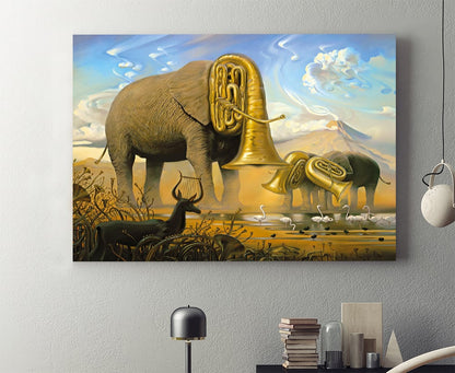 Painting Elephant And Tuba Musical Instrument Canvas Wall Art