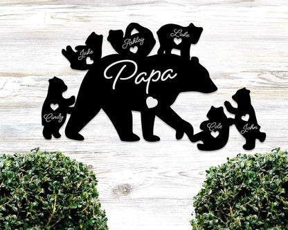 Papa Bear With Custom Kid's Name Metal Sign Wall Decor Gift For Father's Day