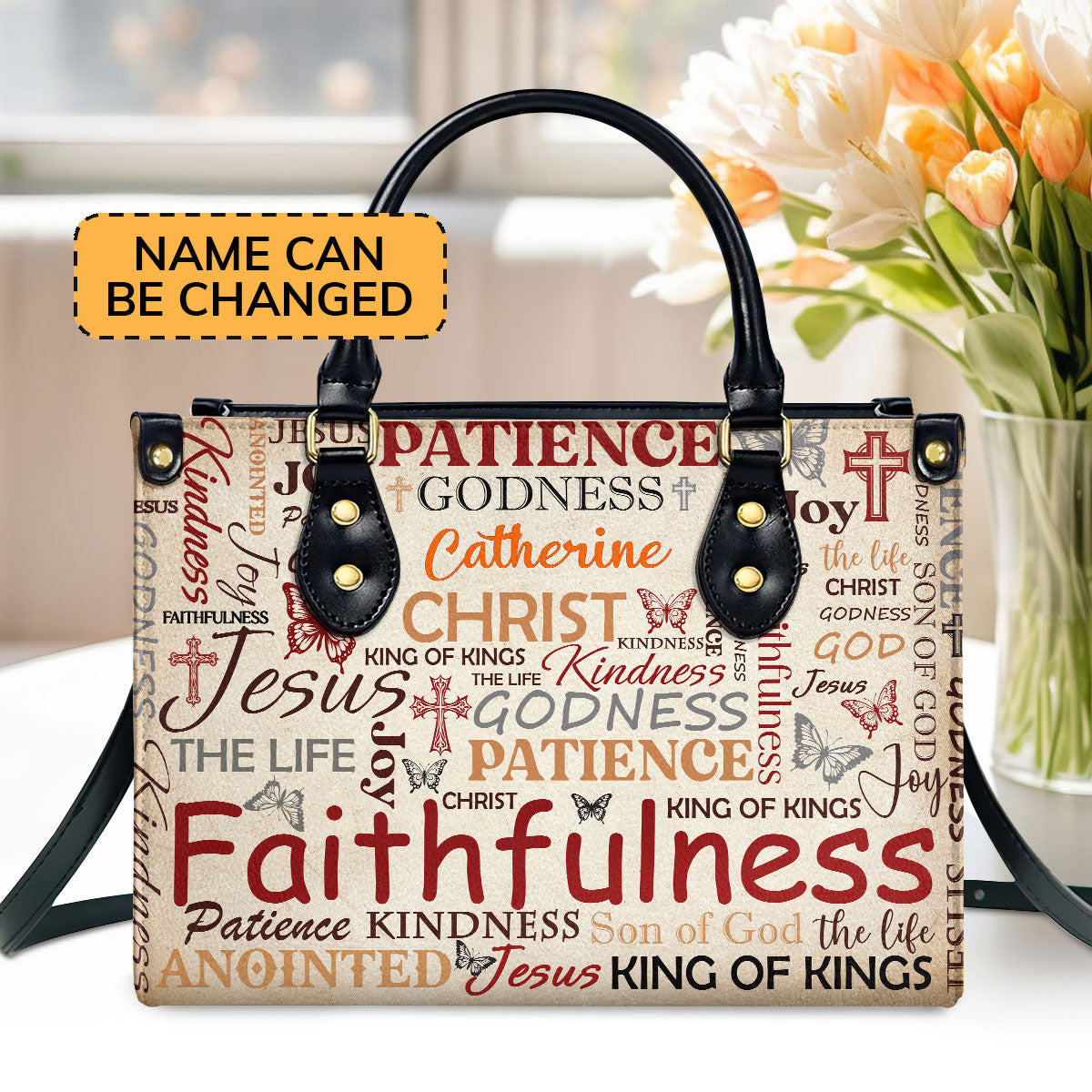 Patience Godness Faithfulness  Personalized Leather Handbag With Zipper - Inspirational Gift Christian Ladies