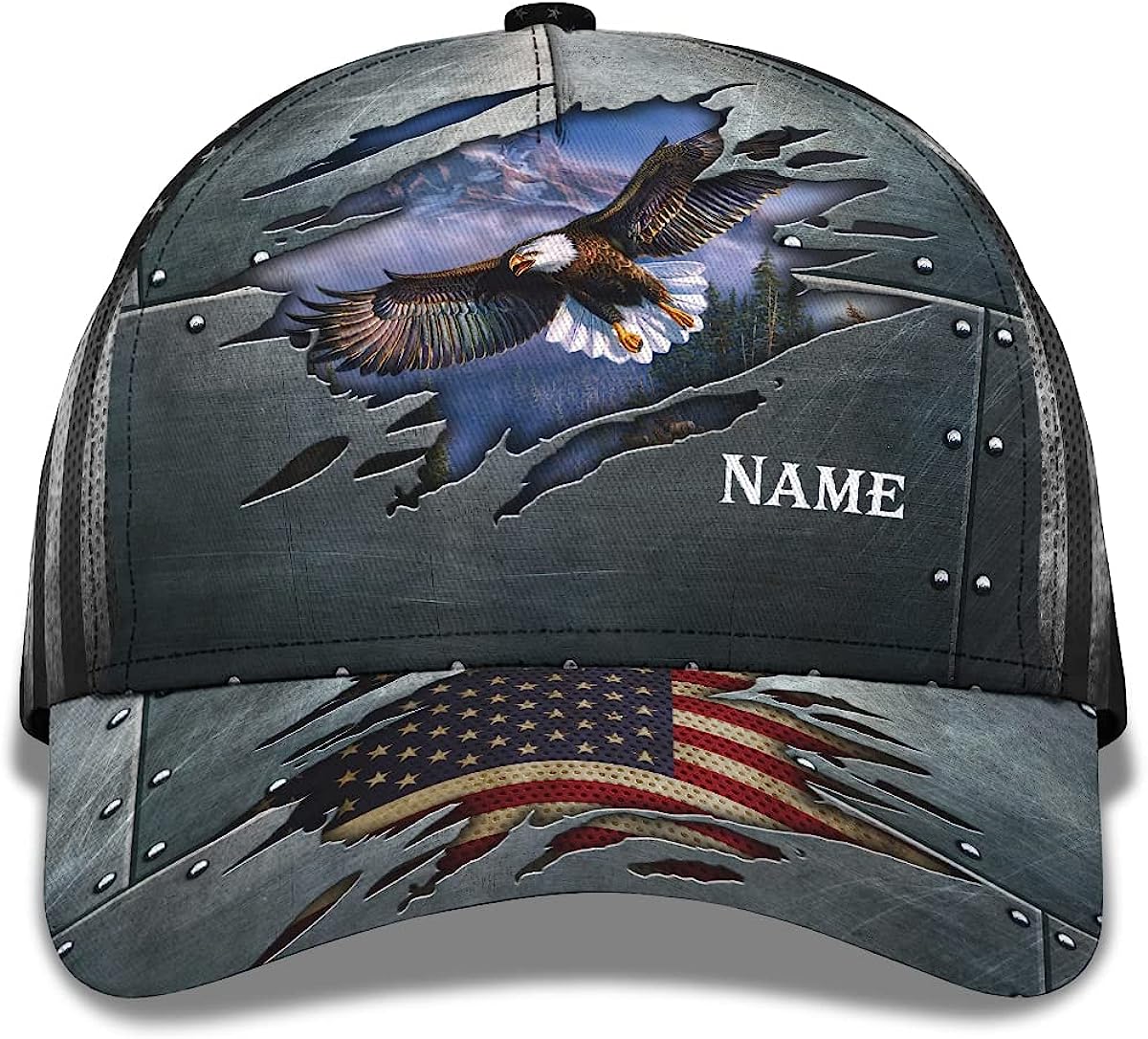 Patriotic Bald Eagle With Us Flag Custom Name All Over Print Baseball Cap - Christian Hats For Men Women