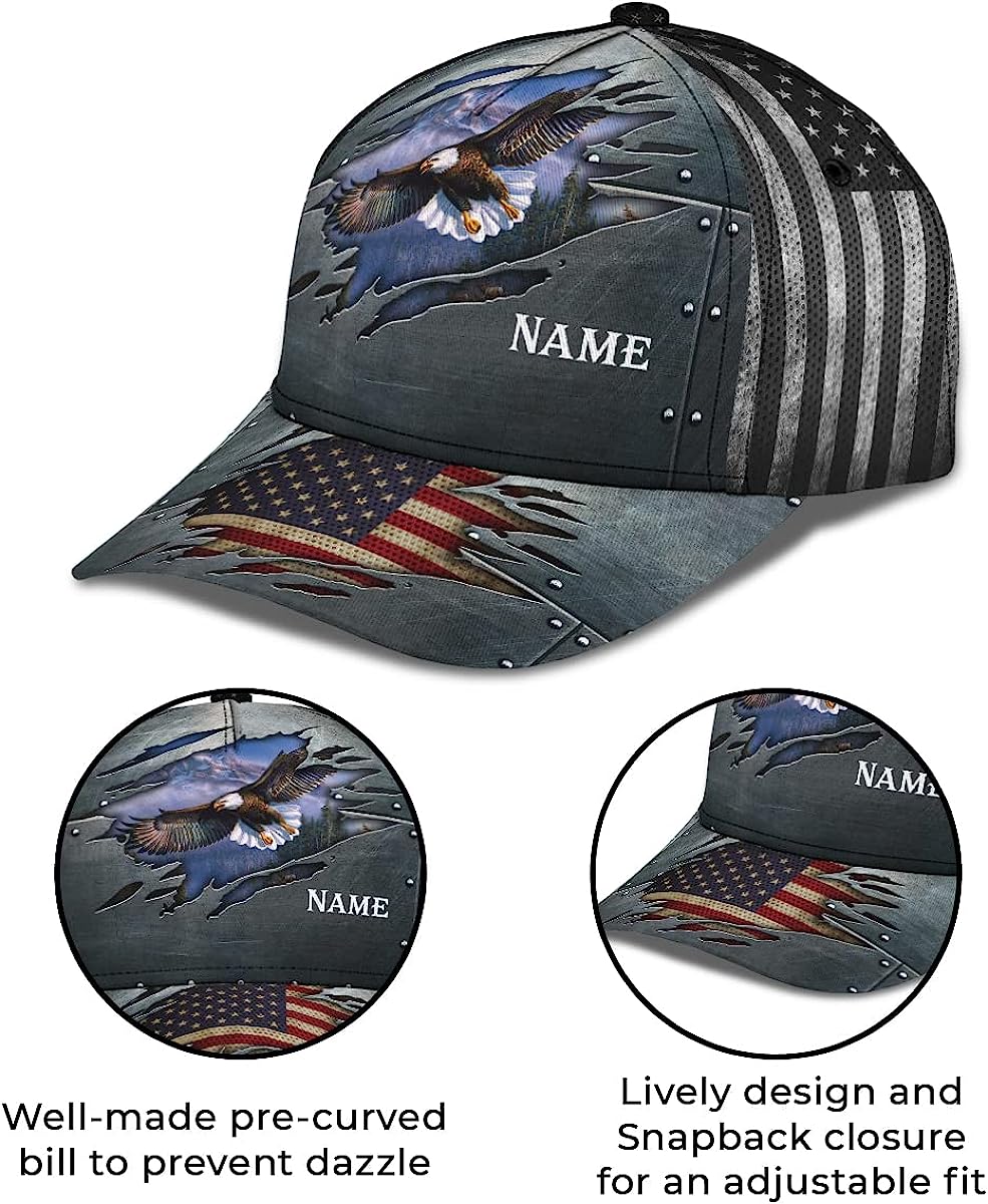 Patriotic Bald Eagle With Us Flag Custom Name All Over Print Baseball Cap - Christian Hats For Men Women
