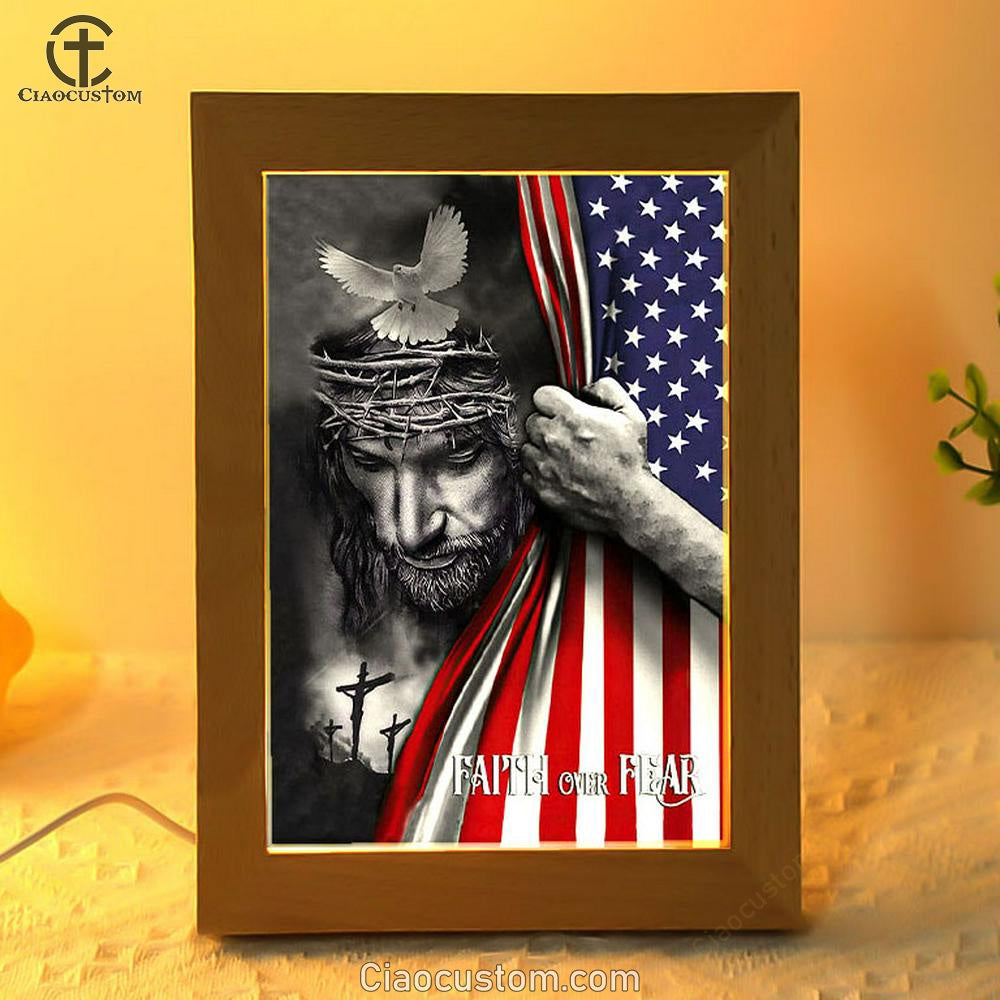 Patriotic Christian Faith Over Fear Jesus Christ American Flag Frame Lamp Prints - Bible Verse Wooden Lamp - Scripture Night Light