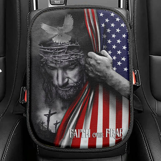 Patriotic Christian Faith Over Fear Jesus Christ American Flag Seat Box Cover, Bible Verse Car Center Console Cover, Scripture Car Armrest Cover