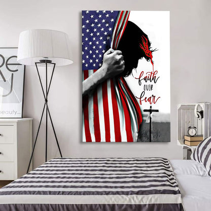 Patriotic Christian Faith Over Fear Jesus Face American Flag Canvas Art - Bible Verse Canvas - Scripture Wall Art