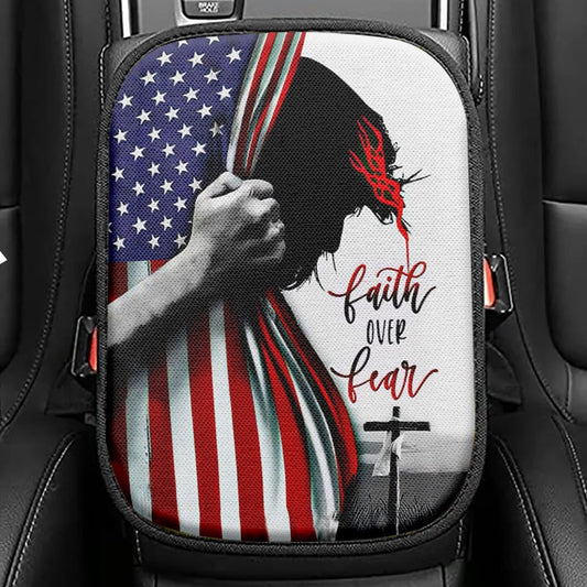 Patriotic Christian Faith Over Fear Jesus Face American Flag Seat Box Cover, Bible Verse Car Center Console Cover, Scripture Car Interior Accessories