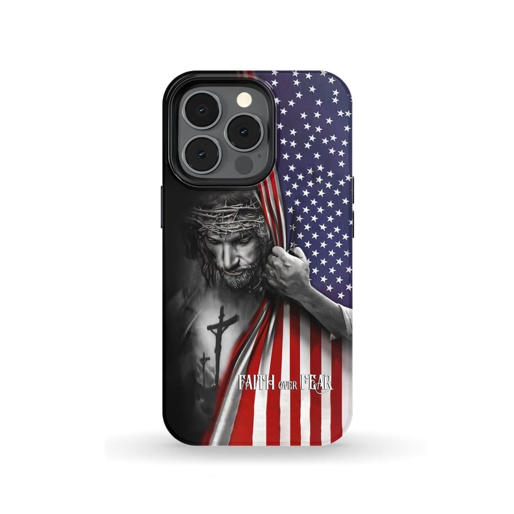 Patriotic Christian Phone Cases Faith Over Fear Jesus Christ American Flag Phone Case - Scripture Phone Cases - Iphone Cases Christian