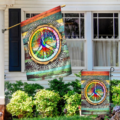 Peace Sign Hippie Flag Imagine All The People Living Life In Peace Flag - Outdoor House Flags - Decorative Flags