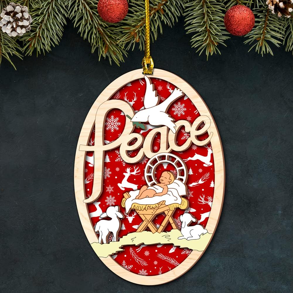 Peace jesus was born in a manger Wood Layered Ornaments - Christmas Tree Ornament