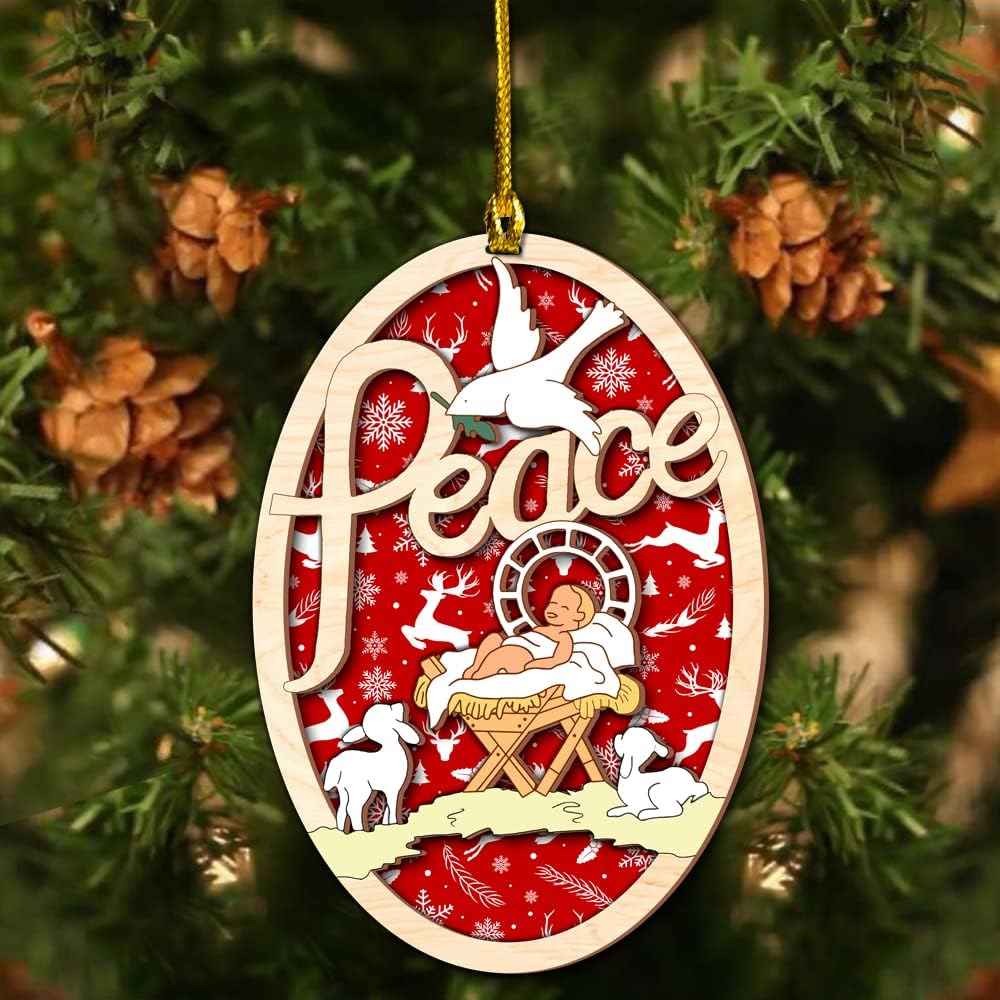 Peace jesus was born in a manger Wood Layered Ornaments - Christmas Tree Ornament