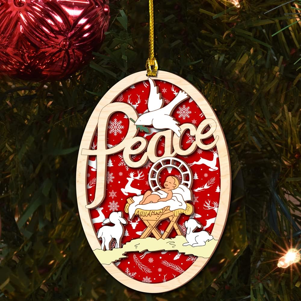 Peace jesus was born in a manger Wood Layered Ornaments - Christmas Tree Ornament