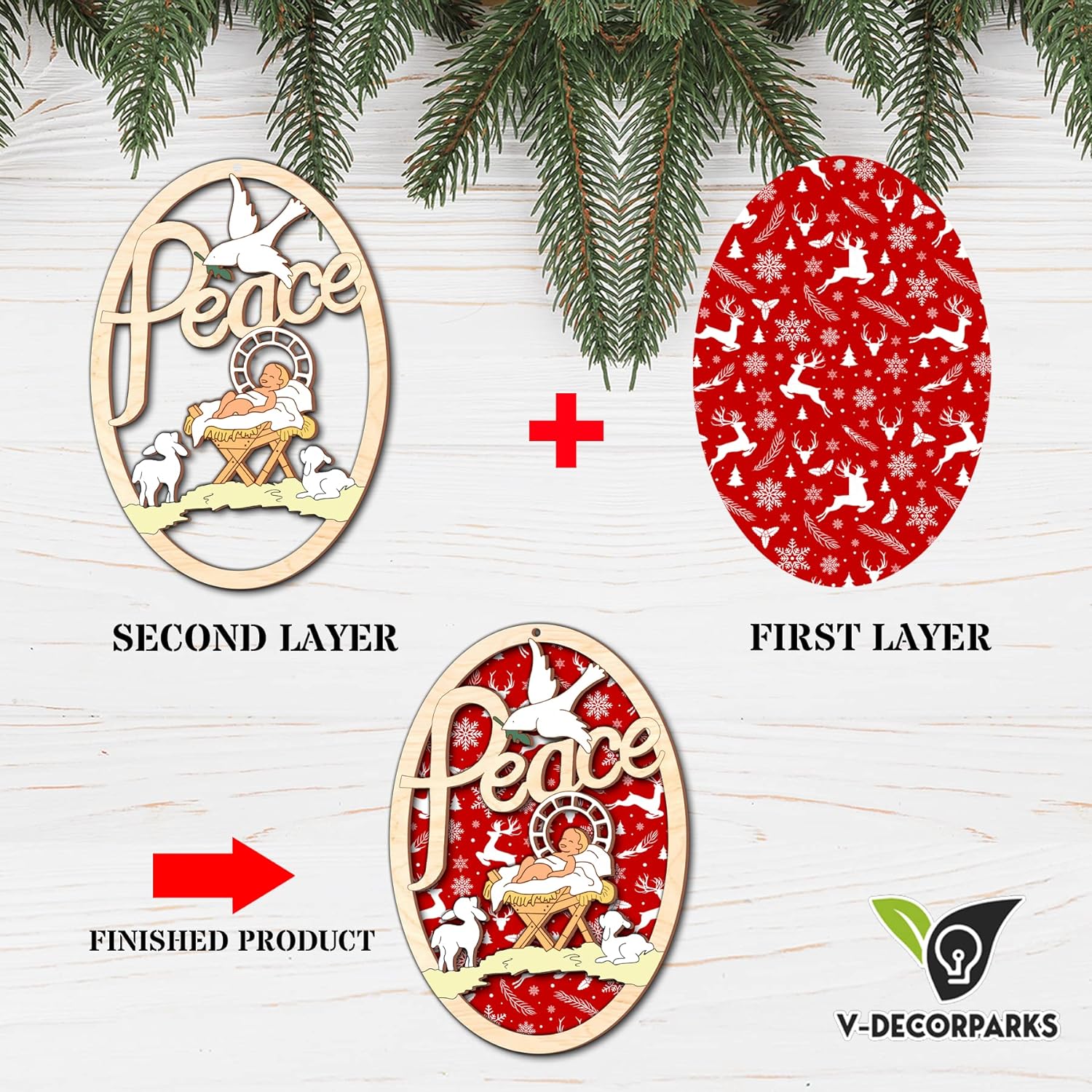 Peace jesus was born in a manger Wood Layered Ornaments - Christmas Tree Ornament