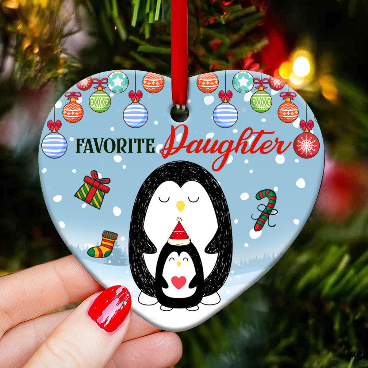 Penguin Favorite Daughter Heart Ceramic Ornament - Christmas Ornament - Christmas Gift
