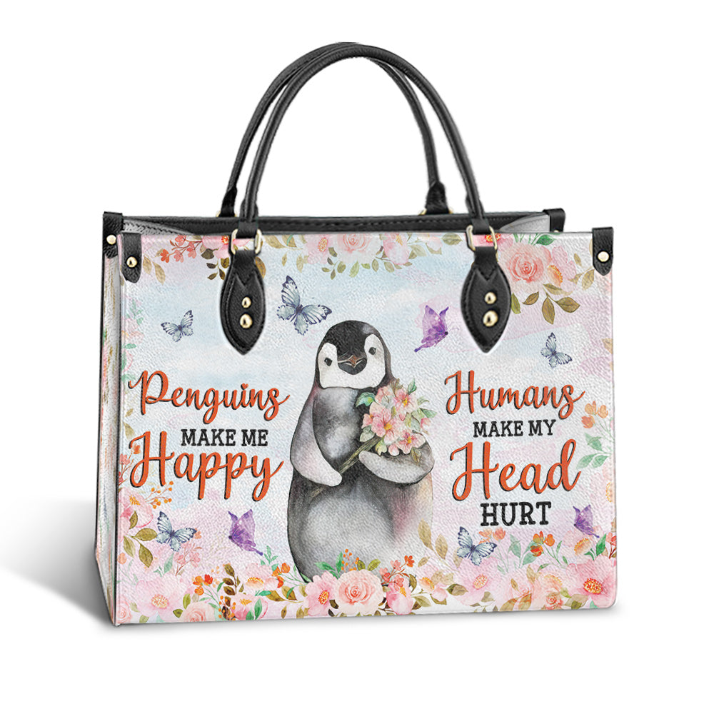 Penguin Pink Flowers Penguins Make Me Happy Leather Bag - Best Gifts For Penguin Lovers - Women's Pu Leather Bag
