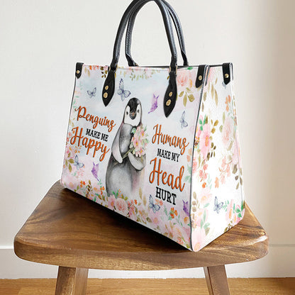 Penguin Pink Flowers Penguins Make Me Happy Leather Bag - Best Gifts For Penguin Lovers - Women's Pu Leather Bag