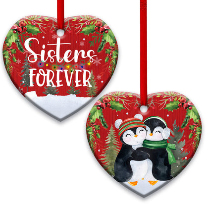 Penguin Sister Forever Heart Ceramic Ornament - Christmas Ornament - Christmas Gift