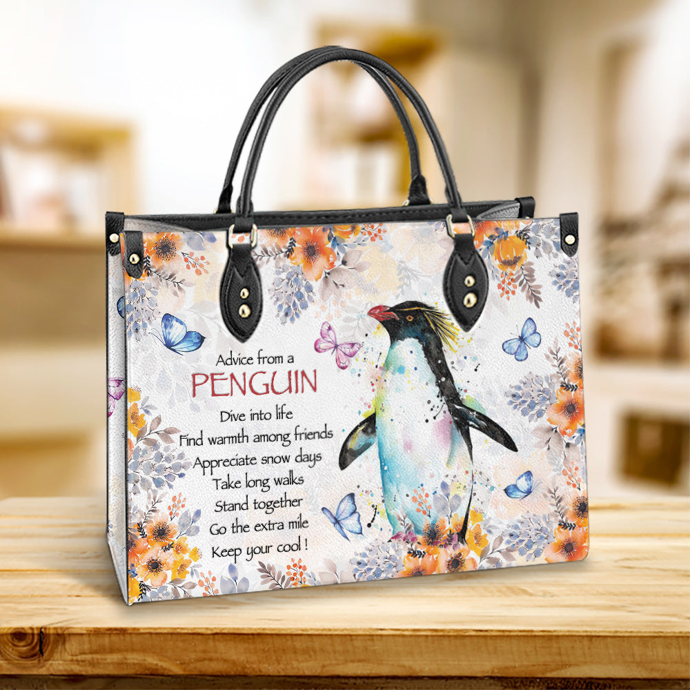 Penguin Watercolor Advice From A Penguin Leather Bag - Best Gifts For Penguin Lovers - Women's Pu Leather Bag