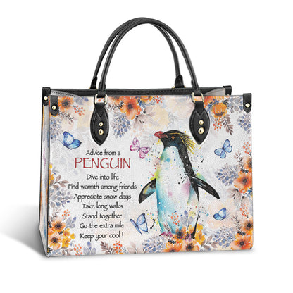 Penguin Watercolor Advice From A Penguin Leather Bag - Best Gifts For Penguin Lovers - Women's Pu Leather Bag
