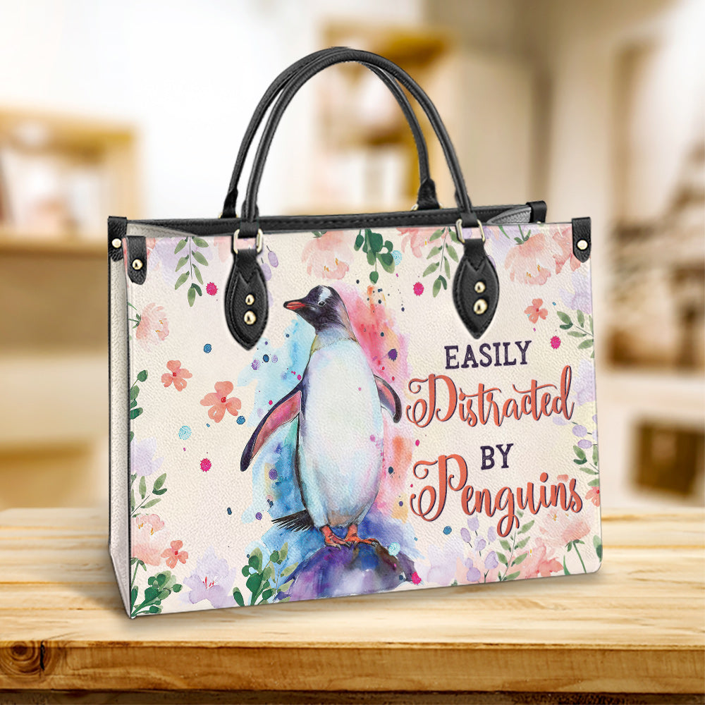 Penguin Watercolor Easily Distracted By Penguins Leather Bag - Best Gifts For Penguin Lovers - Women's Pu Leather Bag
